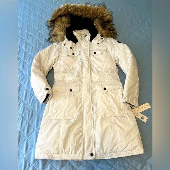 Madden Gilr Jackets & Coats, Faux- Fur Hood Long Parka Coat White, size S. - Picture 4 of 7